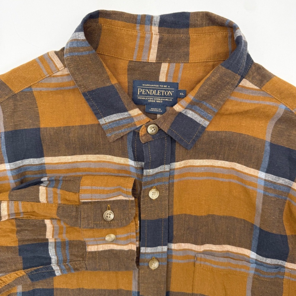 Pendleton Button Up Shirt Mens XL Brown Plaid Linen Rayon Long Sleeve Casual